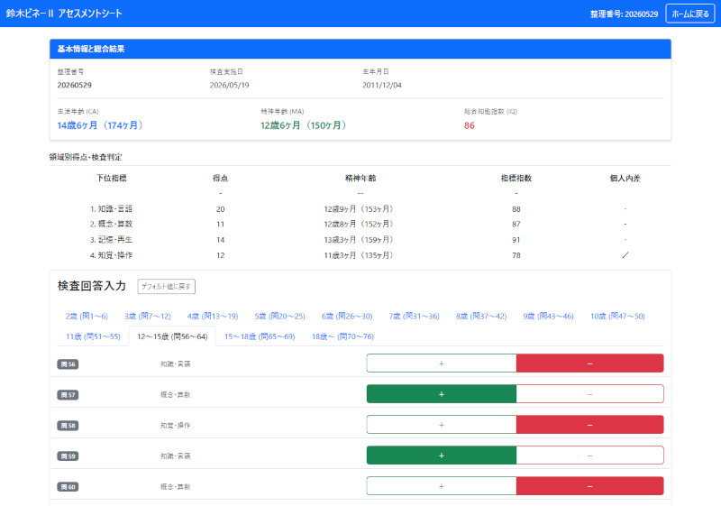 鈴木ビネーⅡ知能検査 結果入力画面イメージ